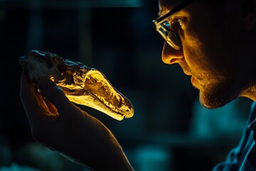 Aufkleber - A scientist closely examines a fossilized skull illuminated by light, revealing the intricate structure and potential significance of historical discoveries.
