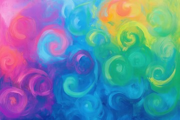 An abstract painting featuring swirls of bright neon colors, including electric blue, hot pink, and lime green