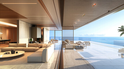 Wall Mural - open-plan living space with marble flooring, wooden accent walls, and minimalist furniture, creating