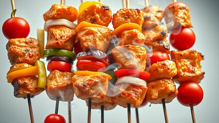 Grilled skewers with succulent meat and vibrant vegetables, releasing tantalizing aromas and a symphony of flavors.