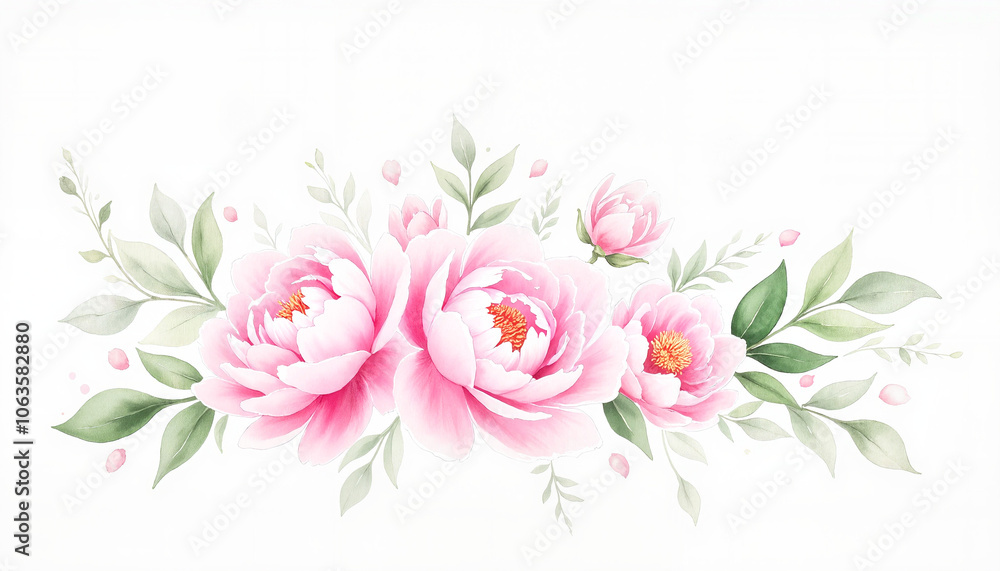 Elegant pink peonies with lush green leaves on a clean white background ...
