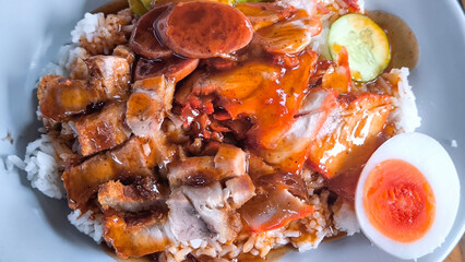 Poster - Red pork and crispy pork on rice, food in Thailand.