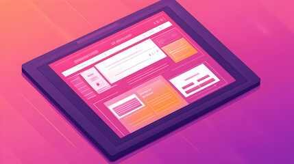 Isometric view of a tablet with a modern website design.