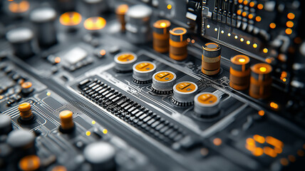 Fototapete - detailed close up of circuit board with glowing orange lights and intricate components, showcasing complexity and precision of modern electronics