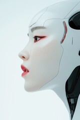 Wall Mural - A woman's face is shown in a white background with red lips. The image is of a robot with a human face