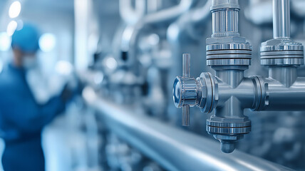 Aufkleber - close up of intricate plumbing work on naval ship, highlighting complex system of pipes and valves, with blurred figure in background