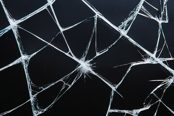 Black background with white cracks and scratches, simple lines, high contrast, cool tones, macro lens, broken glass effect