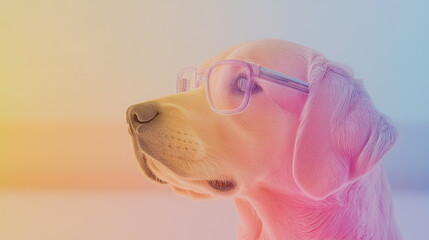 Sticker - A golden retriever wearing glasses looks off to the side,  with a colorful, artistic background.