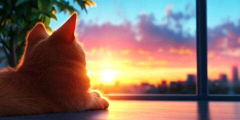 Poster - Orange tabby cat looks out the window at a beautiful sunset.