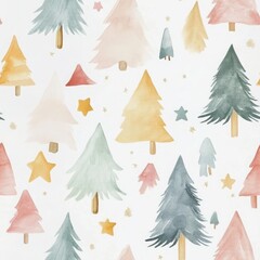 A whimsical pattern featuring various colorful trees and stars on a light background, creating a festive and cheerful aesthetic.