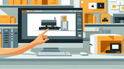 Hand pointing at a design for a machine on a computer screen.