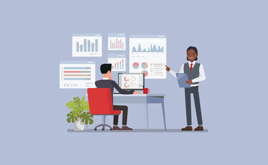 Wall Mural - businessman at a desk with multiple screens displaying graphs, charts, and analytical data character
