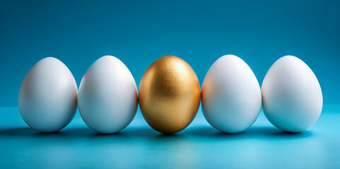 A row of five eggs, four white and one shiny gold, set against a blue background, symbolizing uniqueness and value.