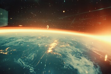 Wall Mural - a grainy, blurry phone photo of the edge of earth from space. it's taken with an old camera, and the