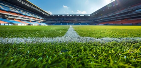 Vibrant football stadium panorama capturing lush green field at sunset