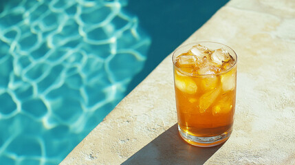 A glass of iced tea by the swimming pool on a sunny day