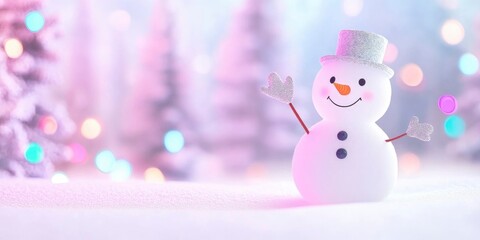 A cute snowman standing in the snowy landscape, smiling and waving its hand with colorful lights twinkling behind it. This is a Christmas concept banner design.