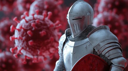 A knight in shining armor confronts bacteria and viruses in a dramatic battle against microscopic foes in a dark landscape