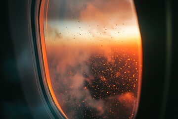 Wall Mural - a grainy, blurry, low-quality vhs screen grab of the view out an airplane window at sunset, with len