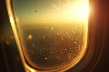 Wall Mural - a grainy, blurry, low-quality vhs screen grab of the view out an airplane window at sunset, with len