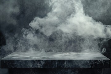 Wall Mural - photo of a gray marble table against a gray wall with a smoky background for product presentation, r