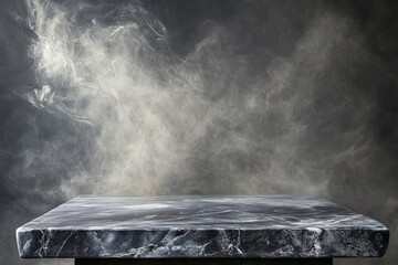 Wall Mural - photo of a gray marble table against a gray wall with a smoky background for product presentation, r