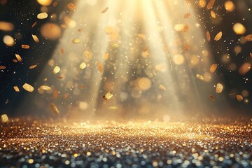 Poster - Golden light rays shining down on the stage, gold confetti falling from the sky, a golden, shiny background, a shiny gold floor, an empty stage, high resolution, high quality