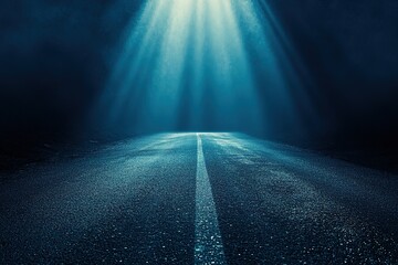 Wall Mural - a dark blue background with rays of light shining down on an empty asphalt road, creating a dramatic