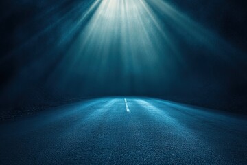 Wall Mural - a dark blue background with rays of light shining down on an empty asphalt road, creating a dramatic