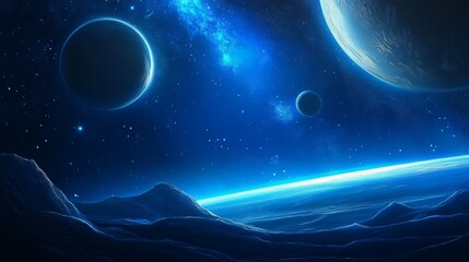Canvas Print - a serene cosmic landscape featuring planets and a starry sky over a distant horizon.
