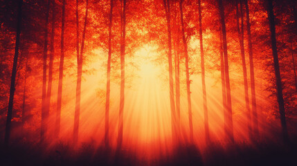 Canvas Print - Sun rays illuminate a mystical forest with red-hued leaves.