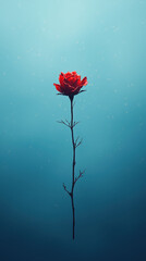 Wall Mural - vibrant red rose stands tall against serene blue background, symbolizing beauty and resilience. Its delicate petals contrast with tranquil atmosphere, evoking sense of calm and renewal