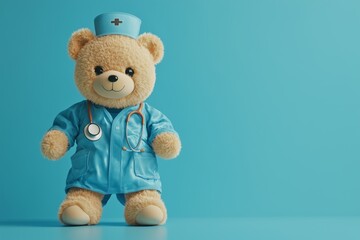 Stethoscope and white teddy bear on light blue table background. Pastel color. Doctor tool. People or animal healthcare concept. Closeup.