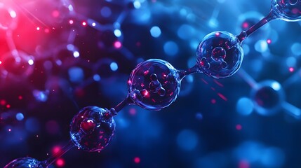 Wall Mural - A chain of translucent spheres connected by thin tubes, glowing with red and blue light against a blurred background