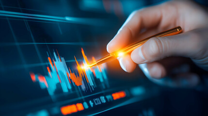 Hand analyzing financial data with digital charts on screen, finance and investment concept.