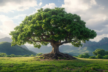 Wall Mural - majestic ancient tree stands proudly in lush green field, surrounded by rolling hills and bright sky. Its expansive canopy provides shade and tranquility, evoking sense of peace and connection to