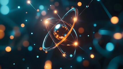 Wall Mural - A 3D Atomic Model with Glowing Orbits and Bokeh Background