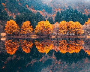 Poster - Vibrant Autumn Foliage Reflected in Serene Lake Landscape