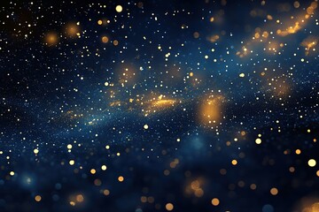 dark background, starry sky, glowing particles, glowing dots, dark blue and gold tones, glowing effe