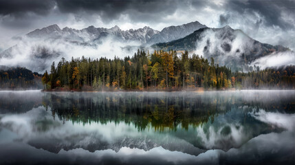 Wall Mural - Mountains and foggy forest reflected in the lake
