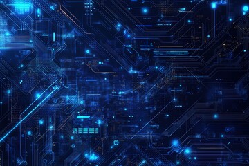 Wall Mural - Blue technology background with circuit board elements, a blue vector illustration of a futuristic digital network connection and data transfer concept on a dark blue background