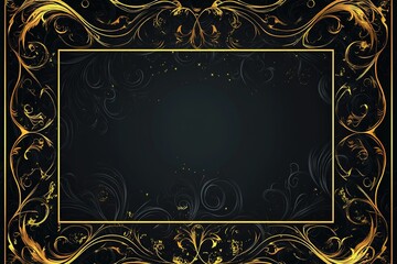 Poster - Black background with a golden, thin frame. Rectangular shape with curly edges and a patterned border.