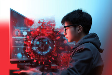 Young programmer analyzing complex data patterns on a futuristic computer screen