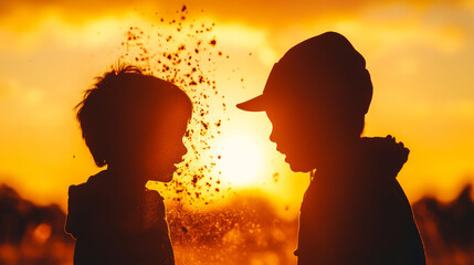 Wall Mural - Silhouettes of two children facing each other at sunset, with a burst of light and sand behind them.