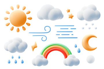 Wall Mural - cartoon 3d weather icons. cute sun, moon and stars, clouds and rainbow in plasticine kids style. cre