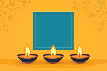 Poster - Flat illustration of a happy Diwali celebration with three oil lamps on a yellow background with a blue square shape and empty space for text, a greeting card design template