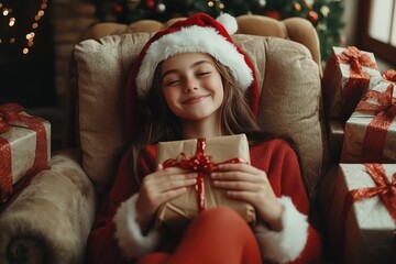 Cheerful Girl in Festive Santa Outfit with Gifts