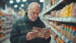 © Iuliia Metkalova - Senior Man Shopping in Supermarket Aisle, Reading Food Packaging for Nutrition Information. Generative ai