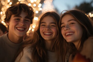 A group of happy teenagers enjoying a festive celebration, capturing the essence of youthful exuberance under the glow of decorative seasonal lights and sparklers.