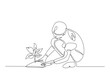 © Line addict - Continuous one line drawing of woman planting plant on the ground. Gardening single line draw vector illustration. Editable vector.
